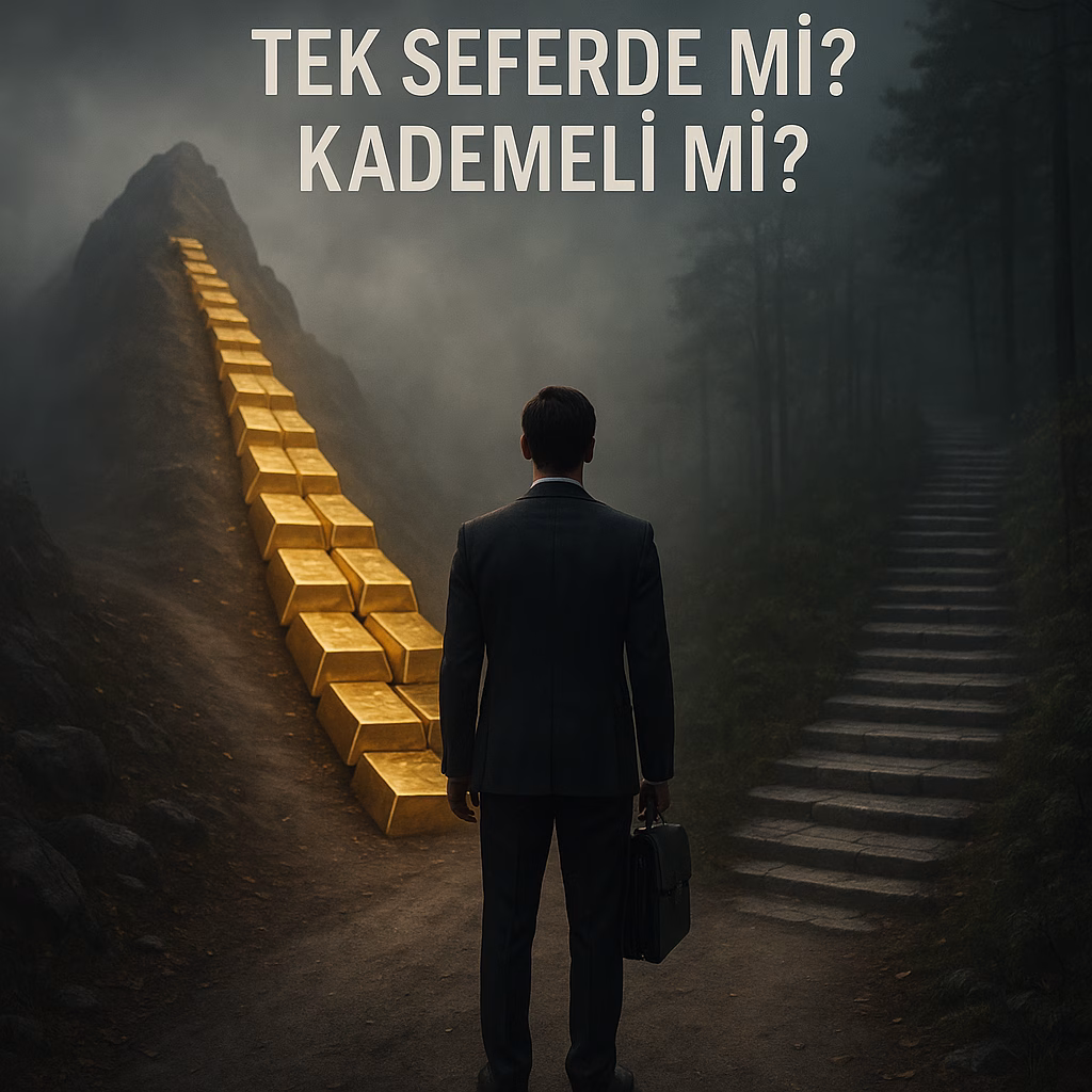 Altın kaplı riskli yol ile taş merdivenli güvenli yol arasında seçim yapan yatırımcı.