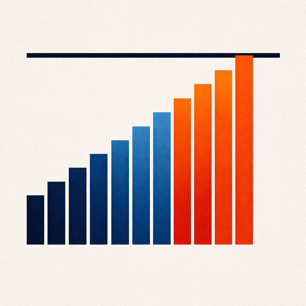 Aşırı Alım (Overbought) kavramını temsil eden, yükselen grafik çubuklarının doygunluk noktasına ulaştığını gösteren minimalist ve sanatsal illüstrasyon.