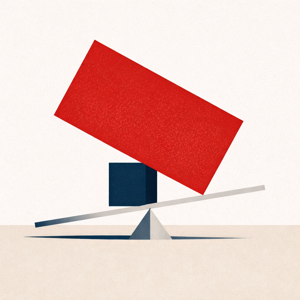 Borç/Özkaynak Oranı kavramını denge ve risk üzerinden anlatan minimalist Bauhaus tarzı grafik illüstrasyon.