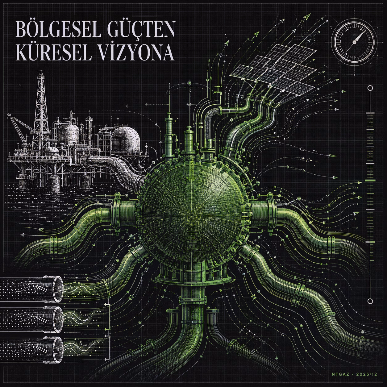 Naturelgaz 2025/12 Türkiye CNG pazar payı ve Güney Afrika LNG büyümesini simgeleyen editorial illüstrasyon