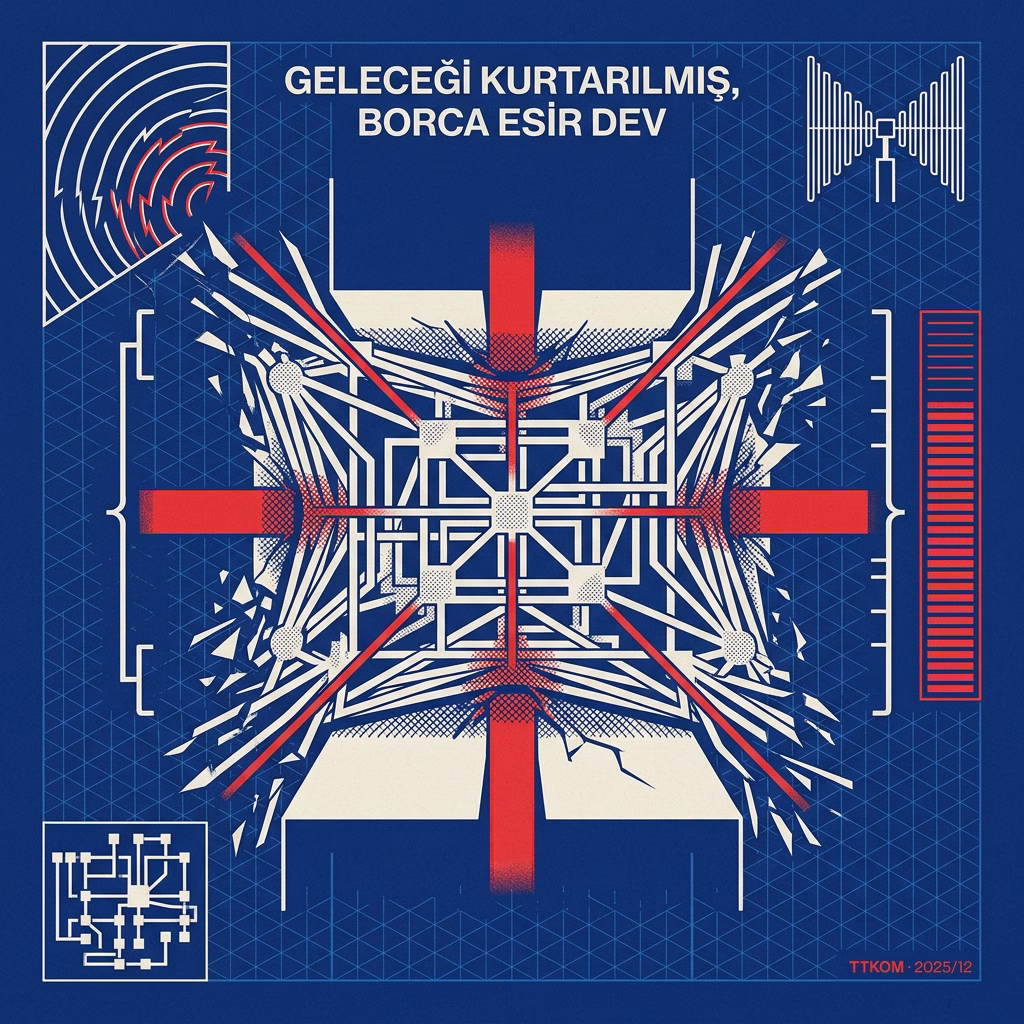 Türk Telekom 2025/12 imtiyaz faturası ve devasa döviz borç yükünü gösteren editorial illüstrasyon