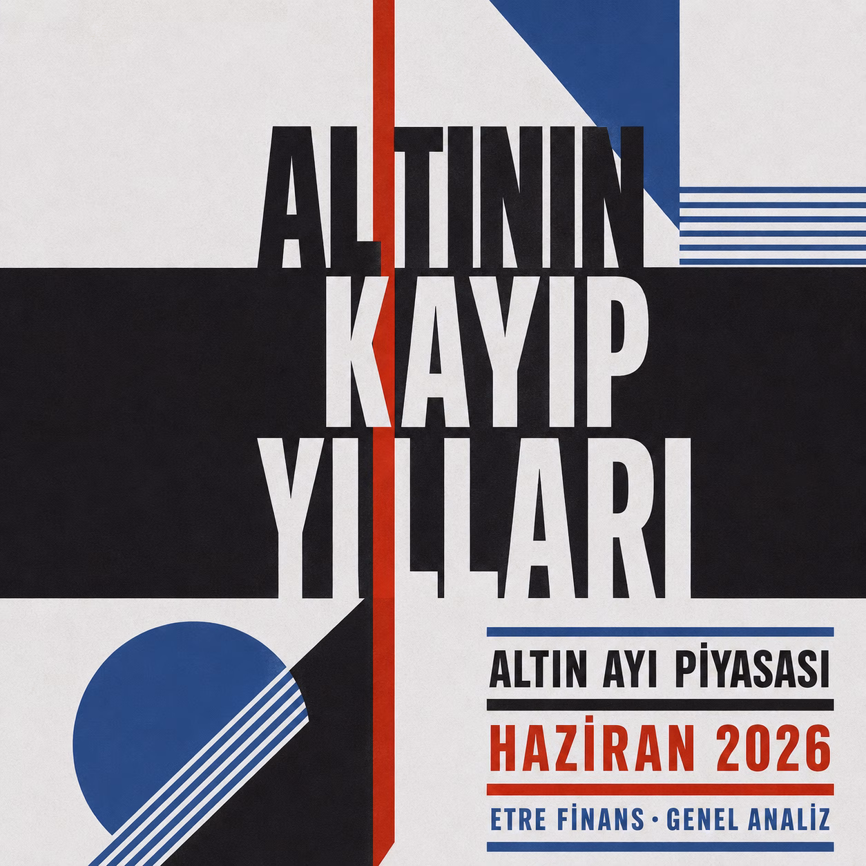 Soyut konstrüktivist afiş tasarımında dikey ve yatay koyu gri çizgilerin altın ayı piyasası temasını keskin kırmızı hatlarla bölmesi.
