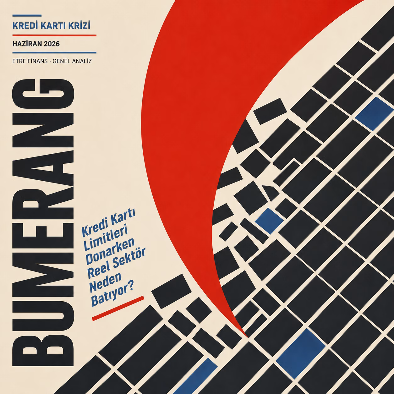 Kredi kartı asgari ödeme krizinin perakende sektörünü nasıl vurduğunu anlatan soyut konstrüktivist grafik poster tasarımı.