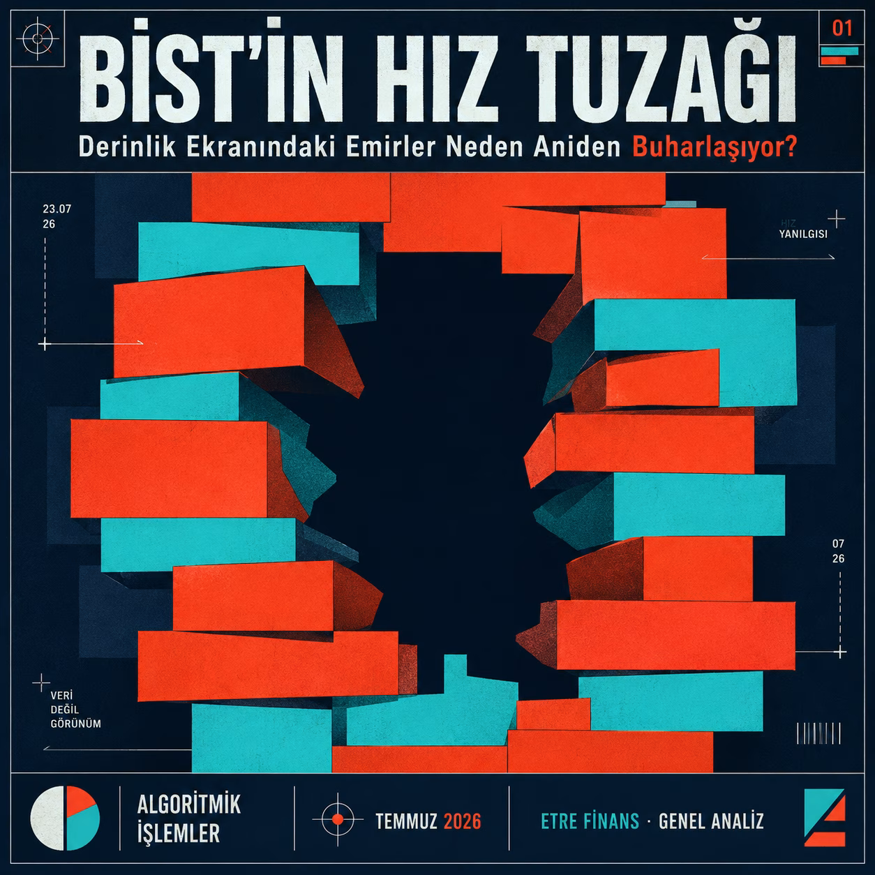 Borsa algoritmaları ve derinlik ekranı yanılsamasını anlatan, kâğıt kesiği tarzı mid-century geometrik soyut poster.