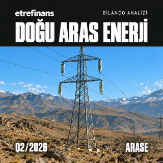 Doğu Aras Enerji 2026 ikinci çeyrek bilanço kapağında Doğu Anadolu dağları önünde yükselen yüksek gerilim elektrik dağıtım şebekesi direği.