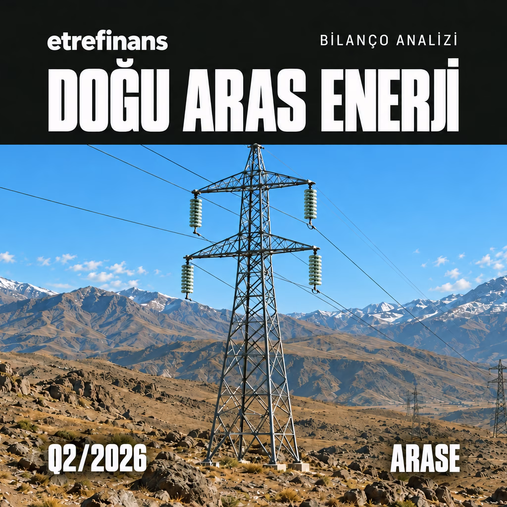 Doğu Aras Enerji 2026 ikinci çeyrek bilanço kapağında Doğu Anadolu dağları önünde yükselen yüksek gerilim elektrik dağıtım şebekesi direği.