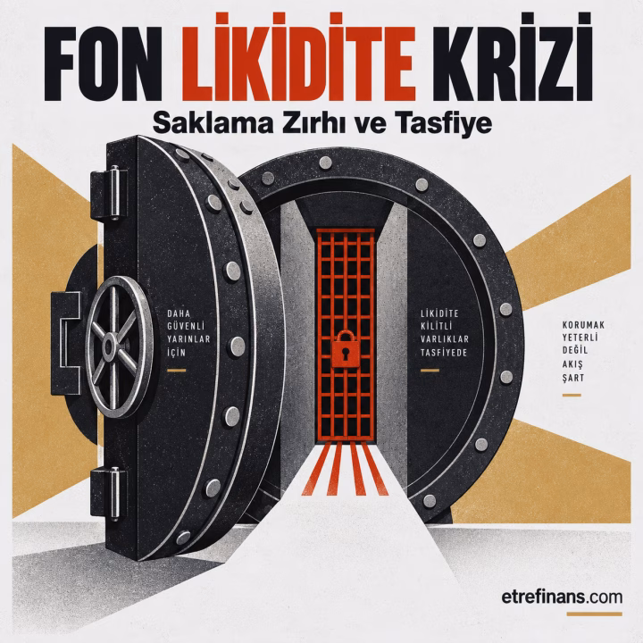 Açık bir banka kasası ve arkasında kırmızı tasfiye ızgarası ile fon likidite krizini ve Takasbank saklama zırhını anlatan kavramsal editoryal vektör afiş.