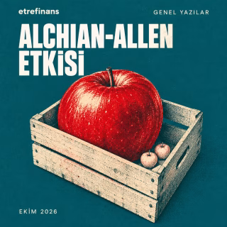 Alchian-Allen etkisi ve kredi kısıtlamalarını simgeleyen, petrol mavisi zemin üzerinde ahşap kasada tek bir dev kırmızı elma risograf illüstrasyonu.