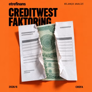 Turuncu zemin üzerinde kesilmiş bir ticari faturanın altından görünen fon sertifikası kolajı ile Creditwest Faktoring 2026/6 bilanço kapağı.