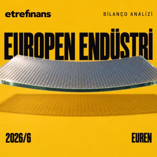 Europen Endüstri 2026 yılı 6 aylık bilanço analiz kapağı. Hardal zemin üzerinde gerilim anında bükülen fotovoltaik güneş paneli camı plakası ve EUREN şirket künyesi.