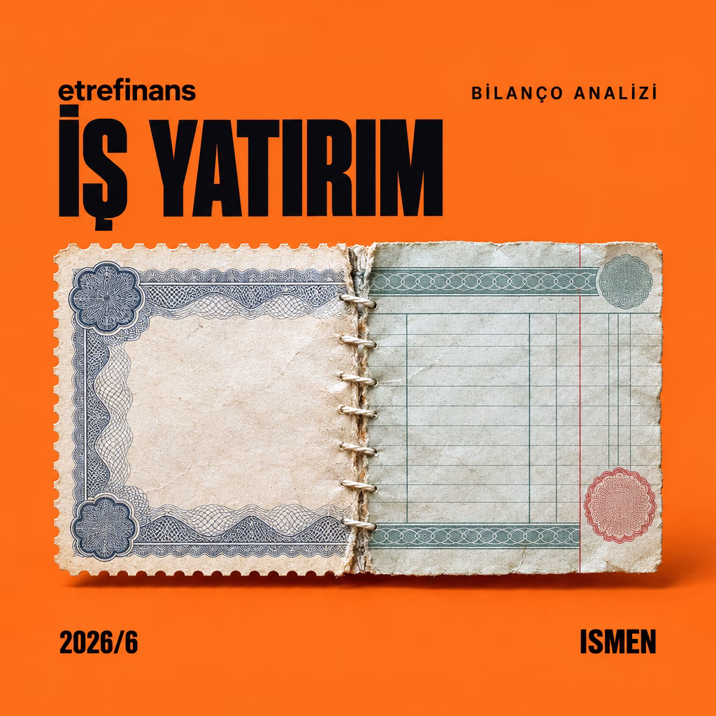 Turuncu zemin üzerinde finansman bonosu kupürü ile vadeli mevduat cüzdanı sayfasının kaynaştığı fotokolaj tasarımında İş Yatırım 2026/6 bilanço kapağı.