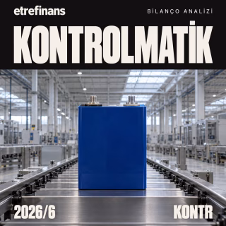 Kontrolmatik 2026 yılı 6 aylık bilanço analiz kapağı. Koyu zemin üzerinde Polatlı batarya fabrikasında konveyör bandında duran prizmatik lityum hücresi.